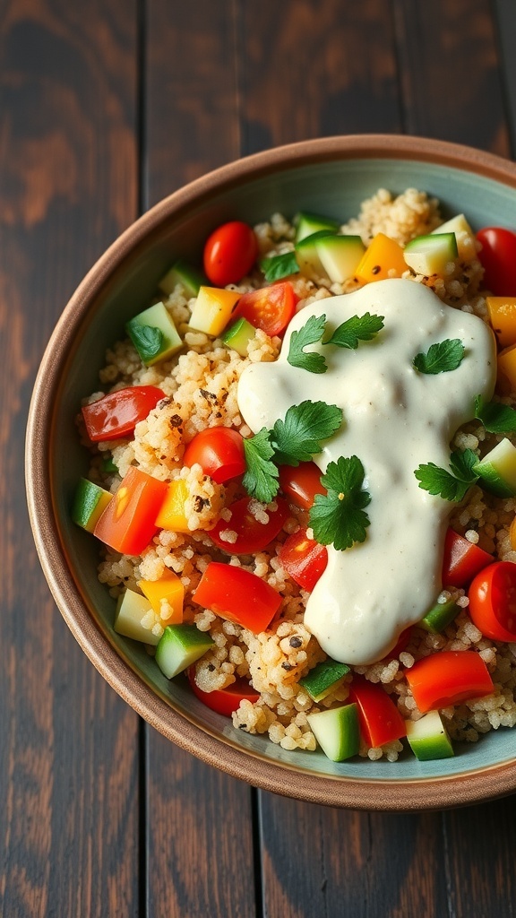 A healthy quinoa bowl with vegetables and tahini dressing on a wooden table.